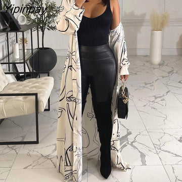 Yipinpay Women Chic Abstract Face Pattern Button Long Sleeves Turn Sown Collar Maxi Sexy Chain Midriff Dress Top